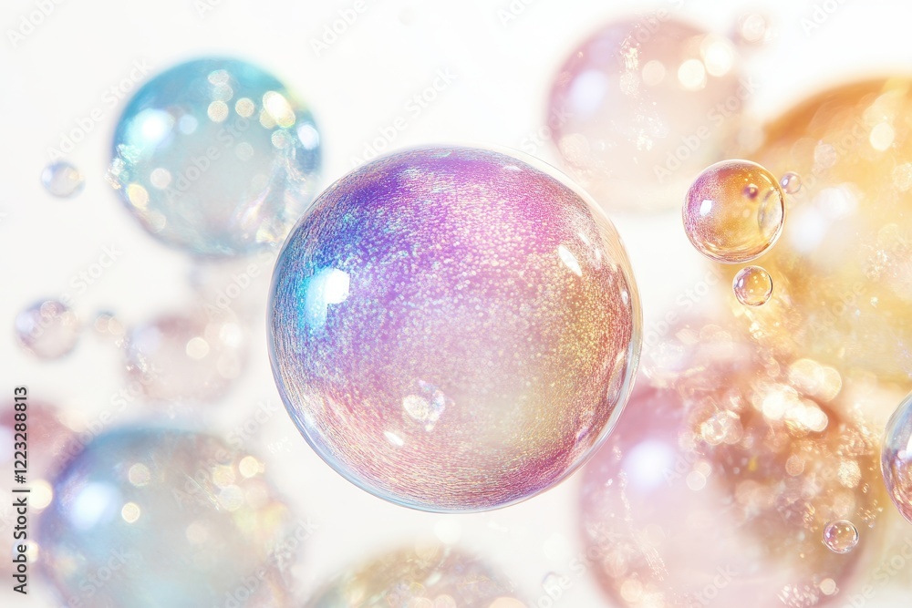 Poster colorful bubbles suspended in soft light create a whimsical and dreamy atmosphere during a bright an