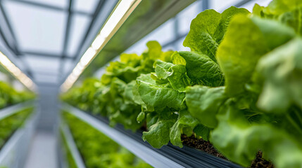 Rows of Fresh Lettuce Growing in a Vertical Indoor Farm