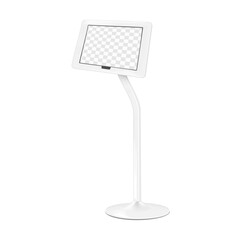 Digital tablet holder on metal base with transparent screen vector mockup. Floor ipad podium stand mock-up. Menu information display board. Template for design
