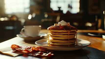 Delicious pancakes with bacon and syrup in cozy breakfast setting