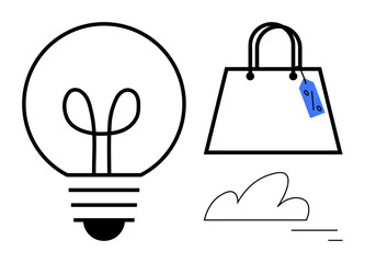 Lightbulb and shopping bag with tag near an abstract cloud. Ideal for retail, ecommerce, innovation, ideas, creativity, business, and development concepts. Modern minimalistic abstract line flat