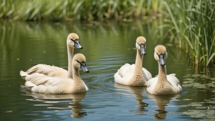 Fototapeta premium Three cygnets swim in a shallow, greenish pond surrounded by tall grasses.