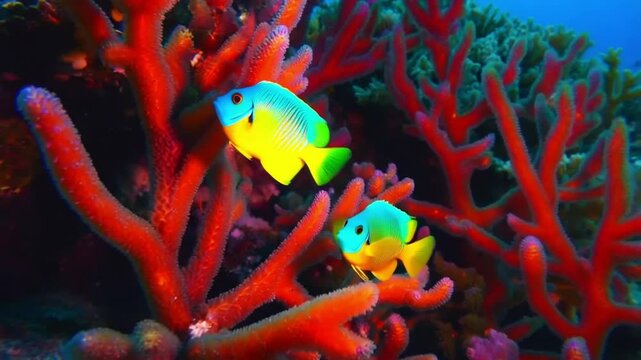 Two Copperband butterflyfish swim between fire coral in Thai waters.