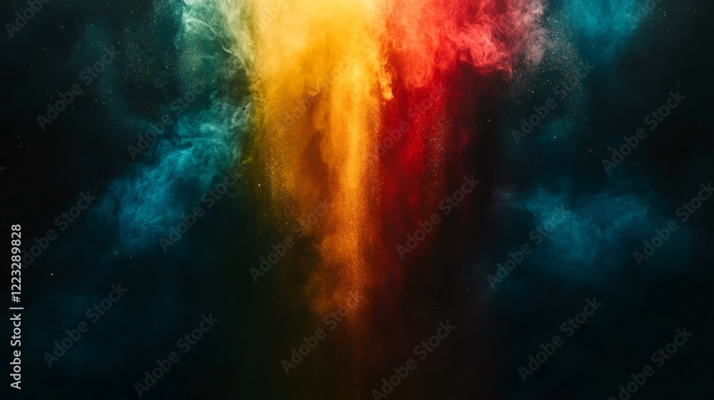 Poster streams of vibrant powders exploding in a colorful cloud, creating an abstract design against a blac