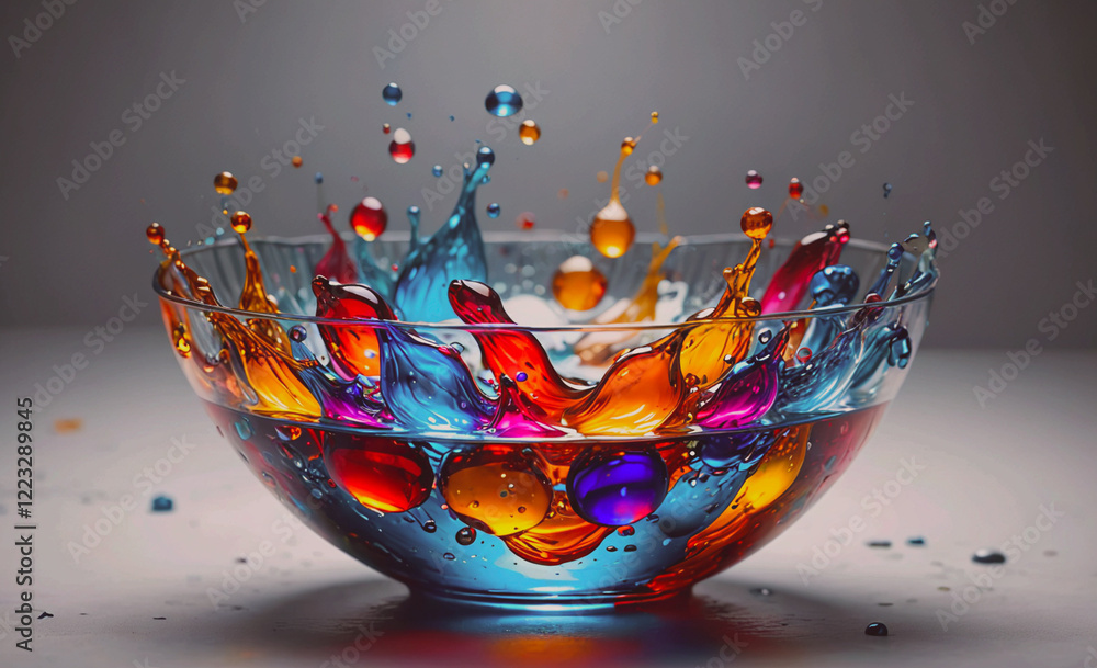 Poster a bowl of colorful liquid with a splash of water. the bowl is filled with a rainbow of colors, and t