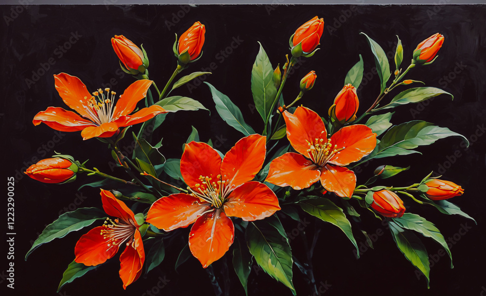 Aufkleber a painting of a bouquet of red flowers on a black background. the flowers are in full bloom and are 