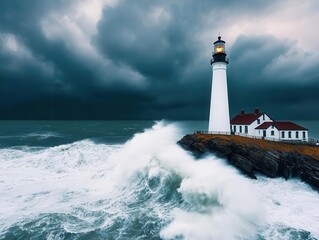 Rocky coastline with waves crashing against cliffs, dramatic clouds overhead, and a lighthouse in the distance