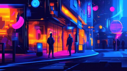 Vibrant neon cityscape at night with diverse people walking in urban setting
