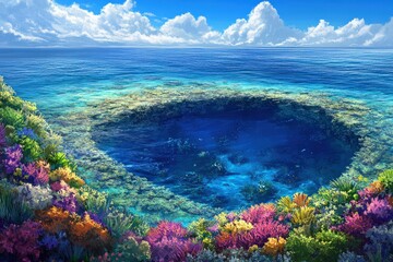Naklejka premium A breathtaking image of a secluded atoll in the middle of the ocean, with crystal-clear waters revealing vibrant coral reefs and colorful marine life beneath the surface