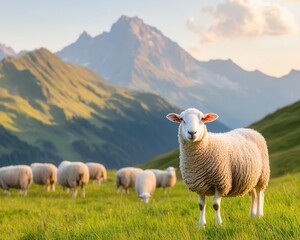 Fototapeta premium Serene alpine meadow with grazing sheep, surrounded by towering peaks and warm sunlight