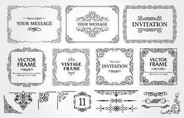 Design elements set, decorative flourish border corner and frame collection for invitation, menu and page decoration
