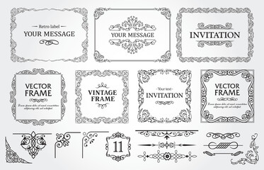 Design elements set, decorative flourish border corner and frame collection for invitation, menu and page decoration
