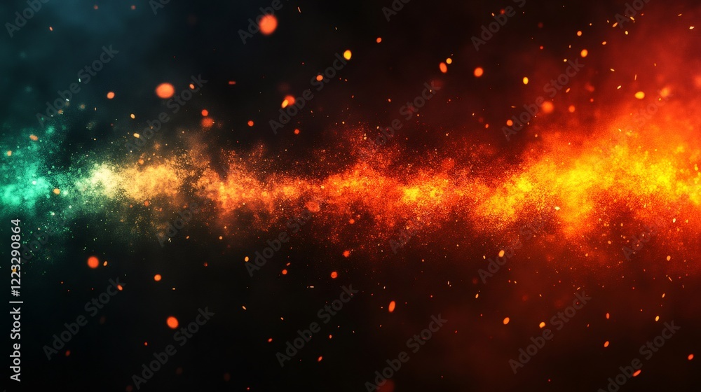 Poster fire and ice particles colliding on a black background, creating a beautiful abstract design with a 
