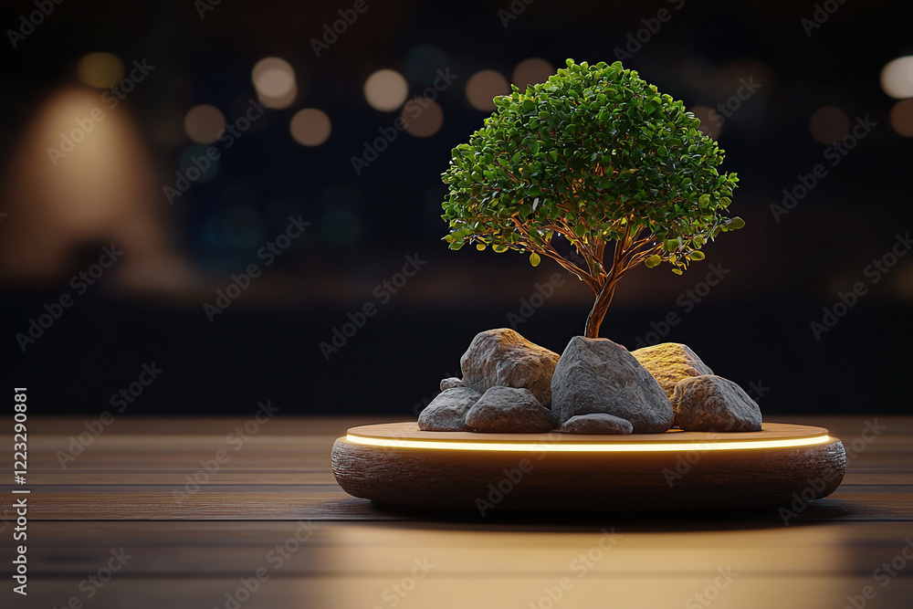 Poster small, illuminated tree is rooted in radiant rocks on wooden platform, creating serene and mystical 