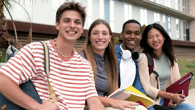 Diverse people smiling sitting outside holding folders. Multicultural group of happy students looking at camera with backpacks and notebooks.