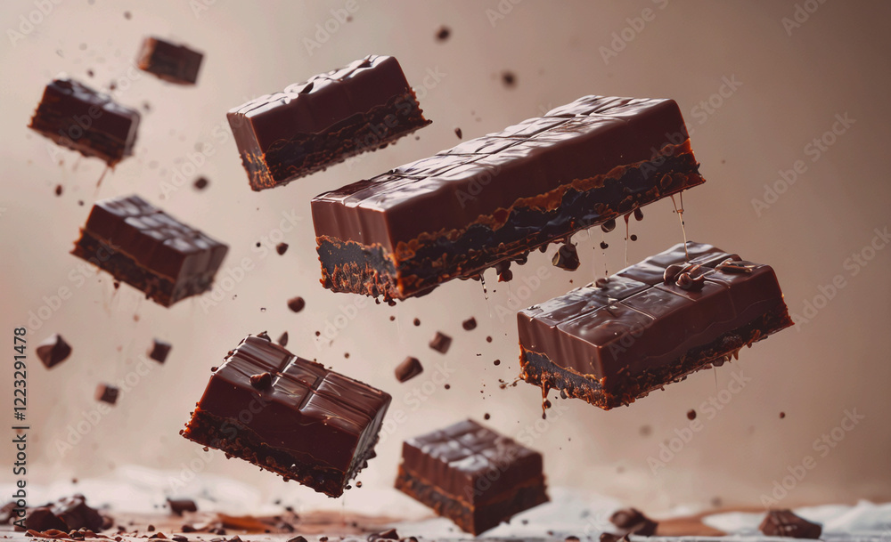 Poster a chocolate bar is flying through the air, with chocolate chips and crumbs falling from it. concept 