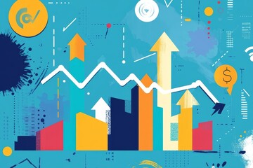 Abstract Financial Growth Chart with Upward Trending Arrows and Colorful Blocks