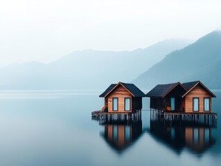 Fototapeta premium Tranquil fishing village on stilts, built over calm turquoise waters with mountains in the distance