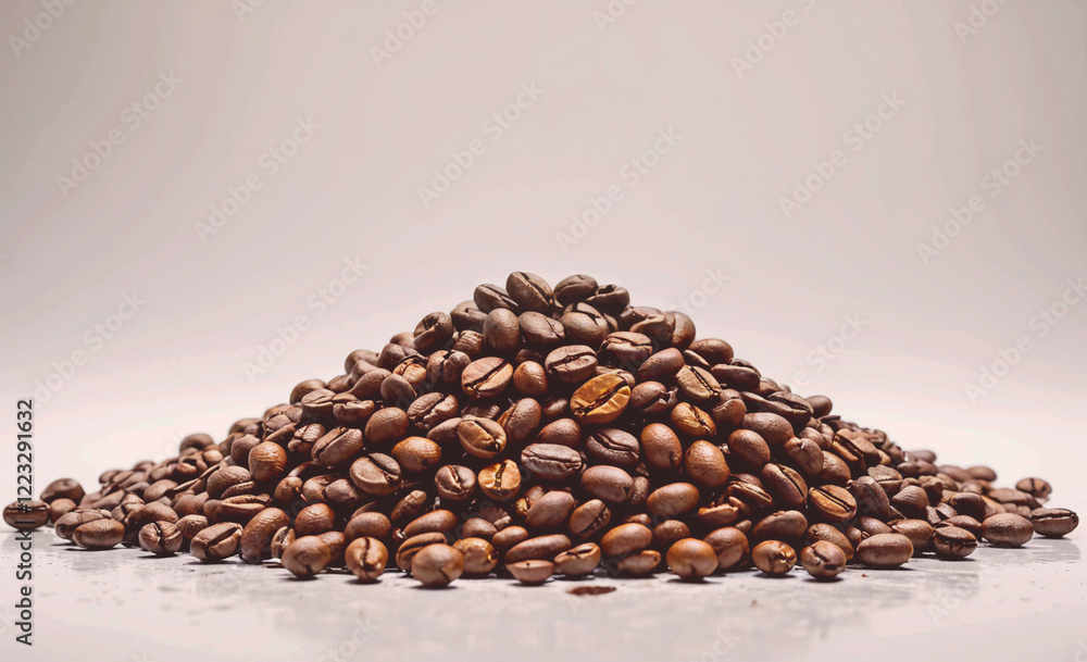 Poster A pile of coffee beans on a white surface. The beans are of different sizes and are spread out in a pile