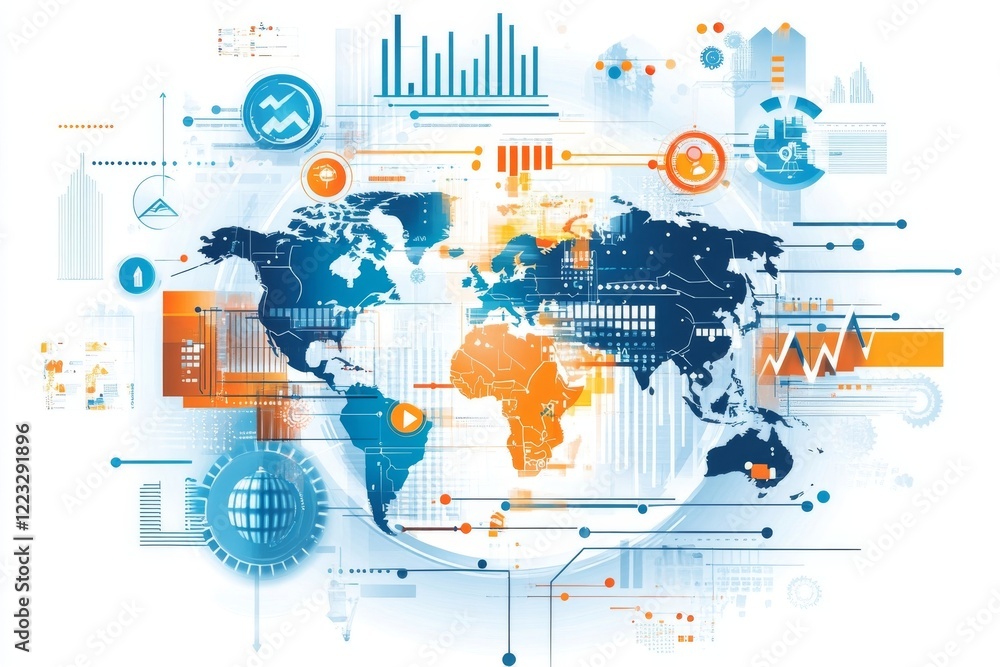 Poster global network technology and digital world map visualization