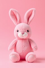 pink stuffed rabbit sitting on pink surface with pink background