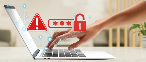 unprotected data concept with hand over laptop keyboard in office and red cyberspace danger &  password safety issue symbol
