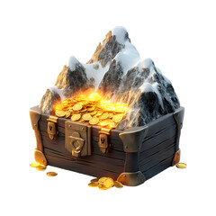 Fluffy 3D Cartoon Mountain with Glowing Snowy Peak and Suitcase of Gold Coins Isolated on Transparent Background