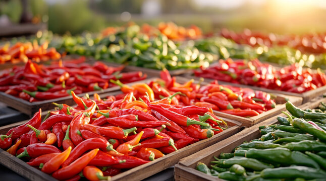 Fresh red and green chili peppers displayed at market. Fresh and organic farm produce.