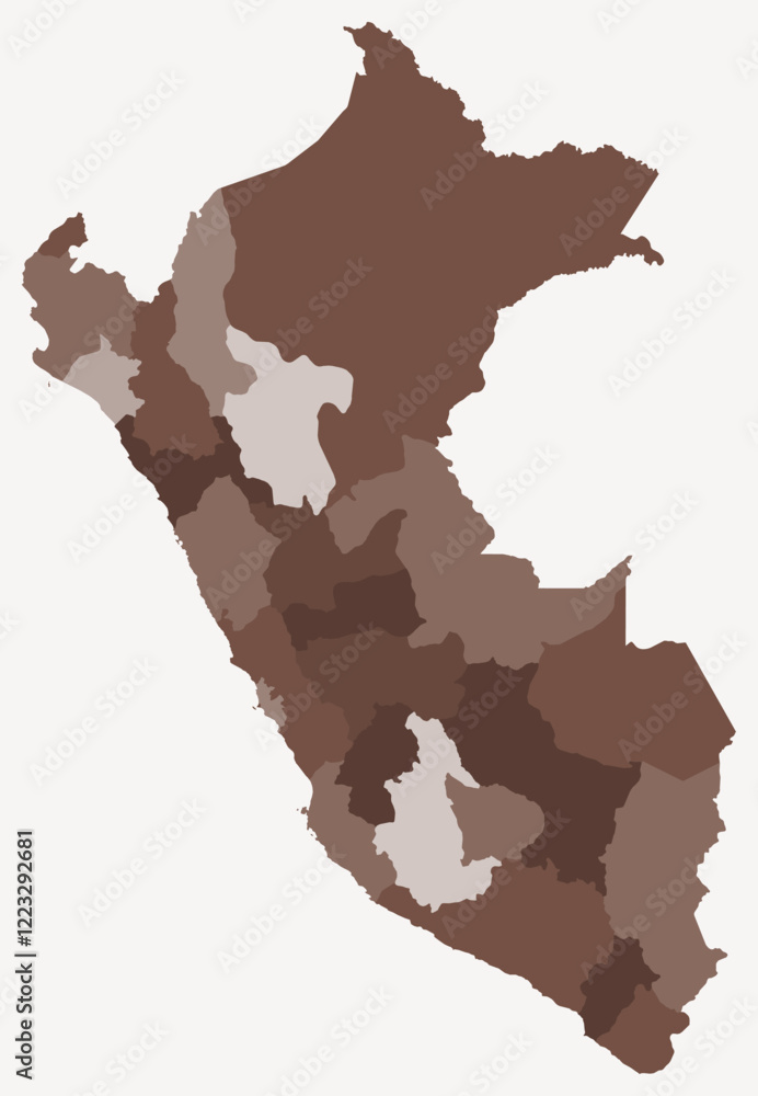 Poster map of peru with regions. a simple country border map with regional divisions. brown color palette. 