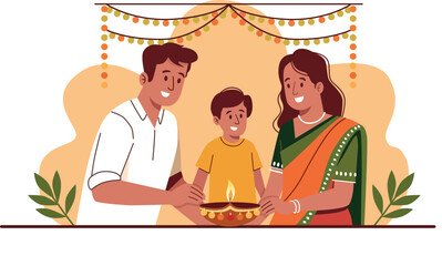 Family lighting Diwali oil lamp