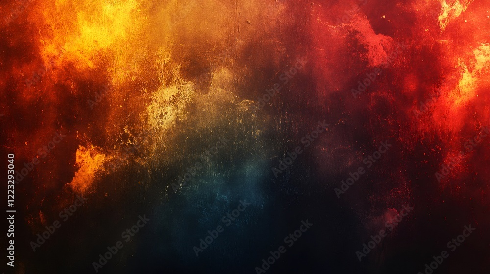 Poster abstract grunge background with warm and cool colors exploding on dark textured surface, creating dr