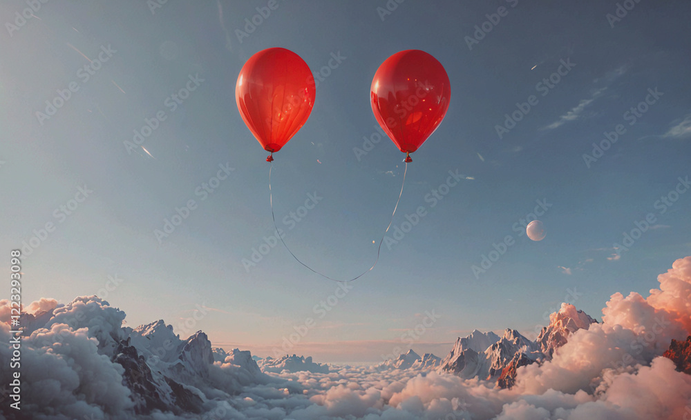 Aufkleber Two red balloons are floating in the sky, with one of them being slightly larger than the other. The scene is set against a backdrop of mountains and clouds, creating a sense of freedom and adventure