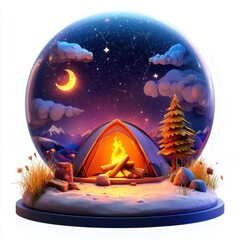3D icon night camping under the stars with a bonfire, isolated on a white background --quality 2