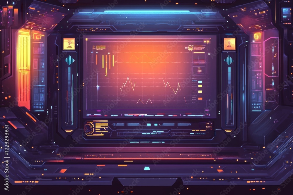Poster futuristic control panel interface: neon lights and data streams