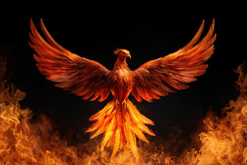 radiant phoenix emerges from flames, symbolizing rebirth and transformation. fiery bird spreads its wings wide against dark background, embodying strength and renewal