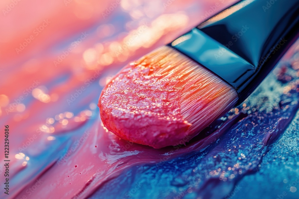Poster Close-up of a paintbrush applying vibrant hues on a canvas during an artistic creation in a creative studio in the afternoon light