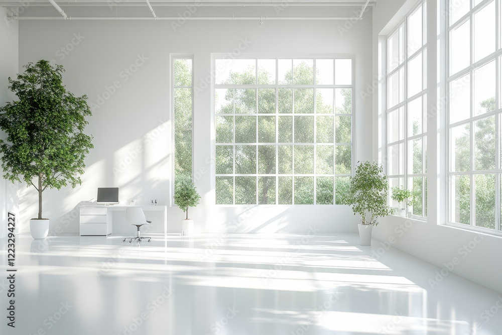 Poster Spacious and bright modern office with large windows and greenery in a tranquil setting