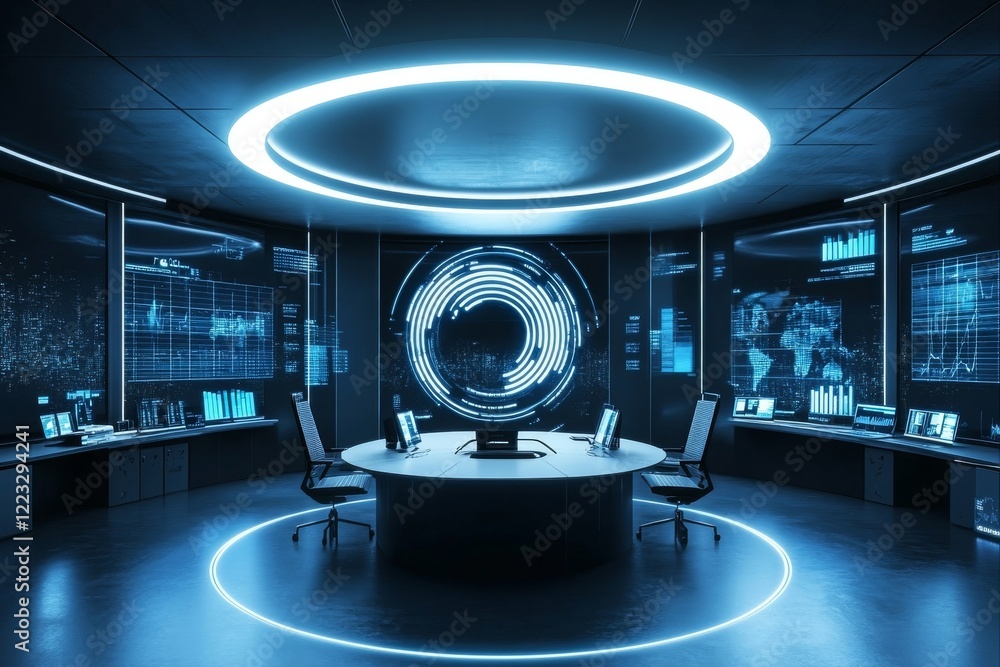 Poster futuristic command center with advanced digital displays and interactive screens