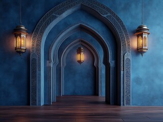 Fototapeta premium Blue Moroccan arched hallway with lanterns.