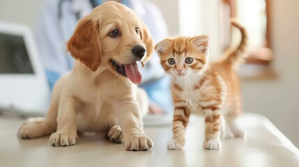 Veterinarian examining puppy and kitten in veterinary clinic