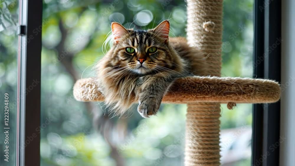 Poster fluffy domestic feline lounging on scratching post by window, surrounded by greenery, exuding relaxe
