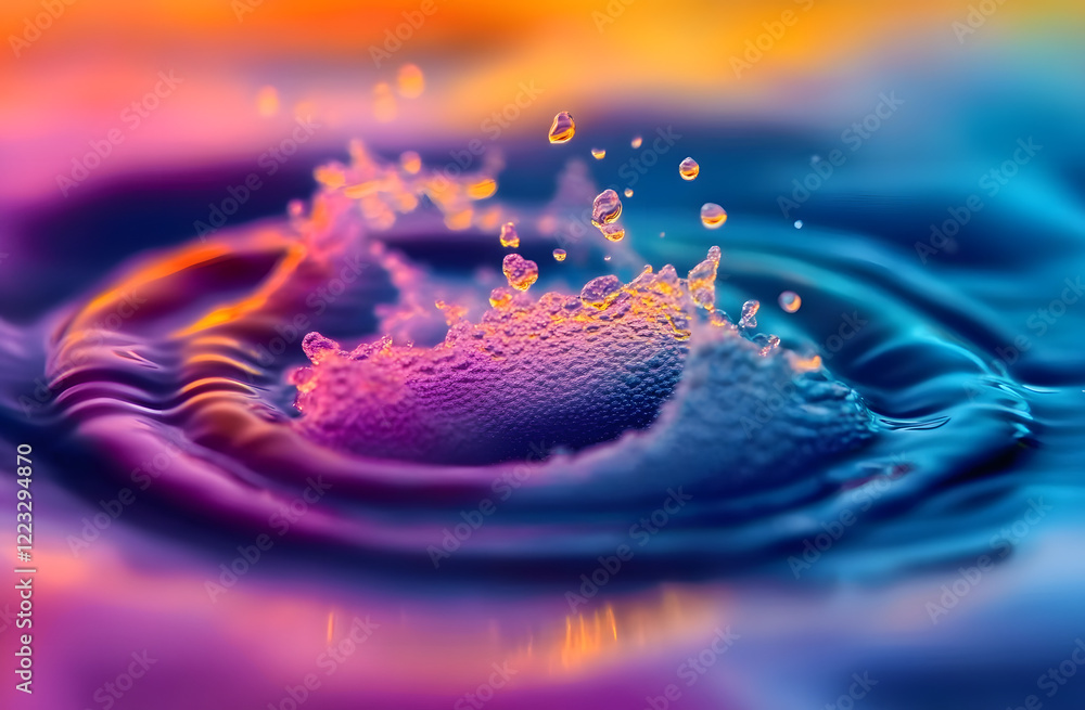 Poster vibrant hues of inky colours merge in water creating mesmerizing swirls, patterns. close-up view of 