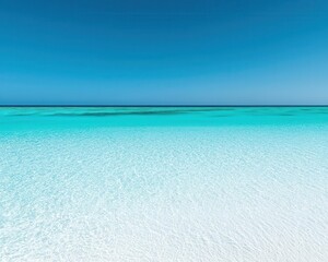 Obraz premium Crystalclear tropical beach with turquoise waters, palm trees swaying, and white sand under a bright blue sky