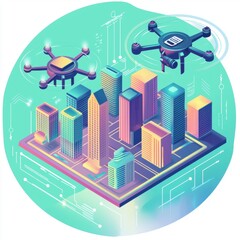 Naklejka premium Stylized icon of a smart city with digital elements, eco-friendly buildings, and flying drones --quality 2