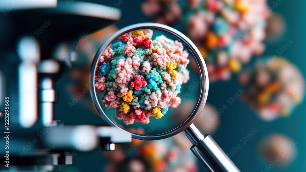 Poster a close-up view of a colorful virus or cancer-related structure magnified through a microscope, show
