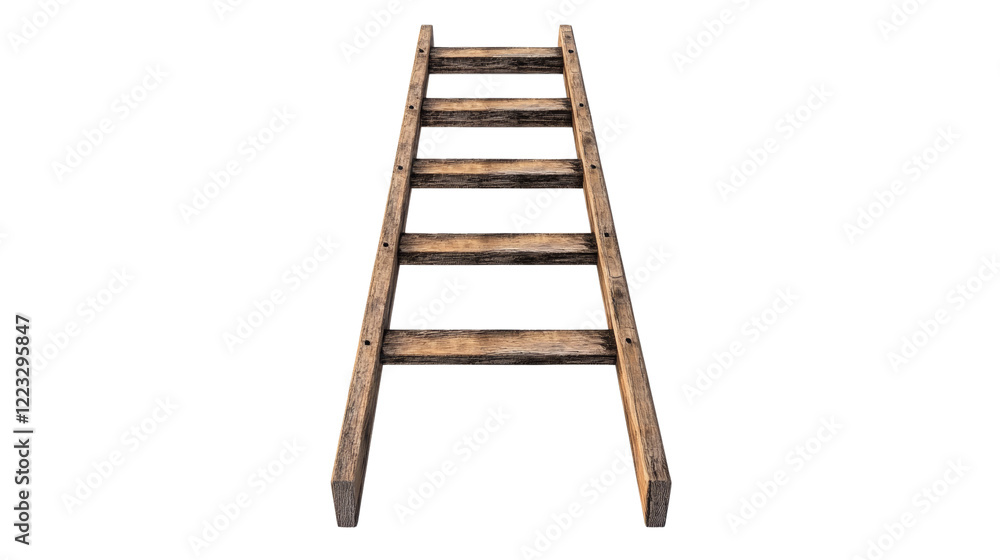 Aufkleber a weathered wooden ladder stands upright against a black background, showing its rustic texture and 