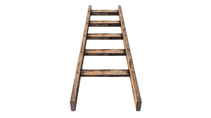 A weathered wooden ladder stands upright against a black background, showing its rustic texture and simple design.