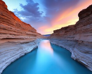A serene river flowing through a canyon with steep, colorful rock walls and a dramatic cloudy sky overhead