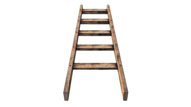 A weathered wooden ladder stands upright against a black background, showing its rustic texture and simple design. - Powered by Adobe