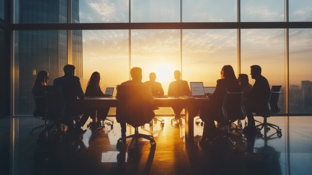Business meeting at sunset in modern office with diverse team